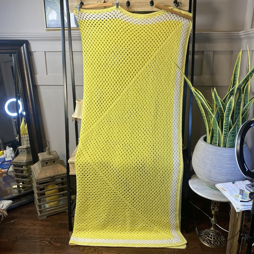 Vintage Handmade Granny Square Crochet Afghan Blanket Pink Yellow White Throw68”